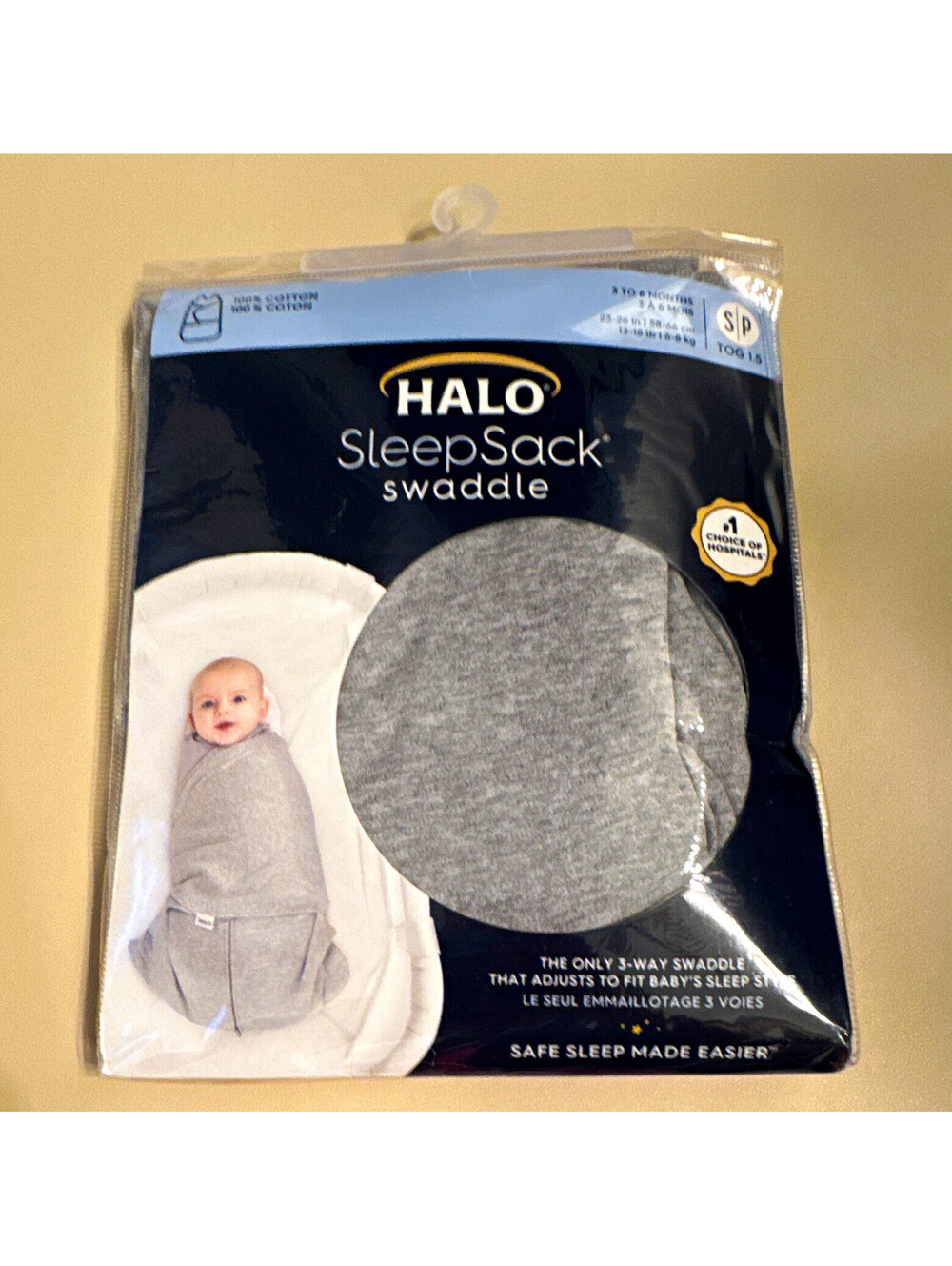 HALO SleepSack Swaddle Wearable Blanket, Cotton, TOG 1.5, Gray 0-3M